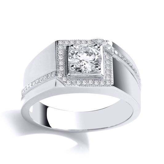 Mens Silver CZ Picture Frame Solitaire Signet Ring - GVR805