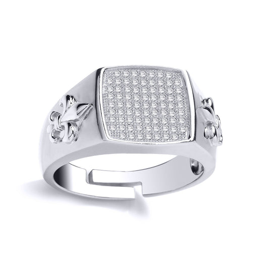 Mens Silver CZ Fleur De Lis Square Cushion Signet Ring - GVR808