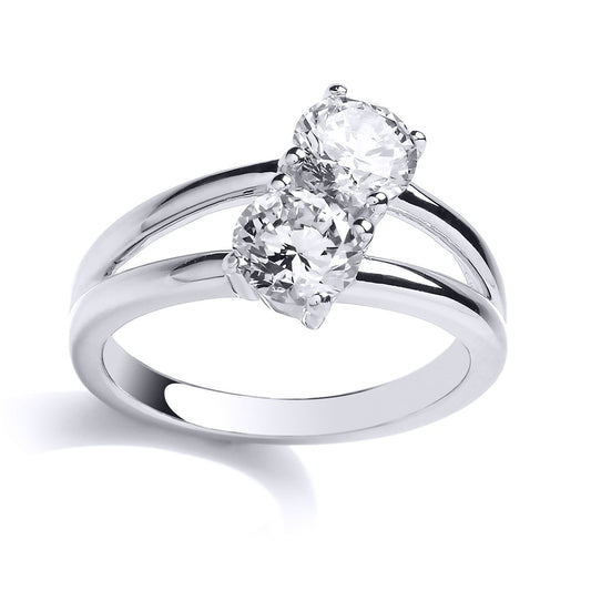 Silver CZ Split Shoulder Double Solitaire Engagement Ring - GVR814