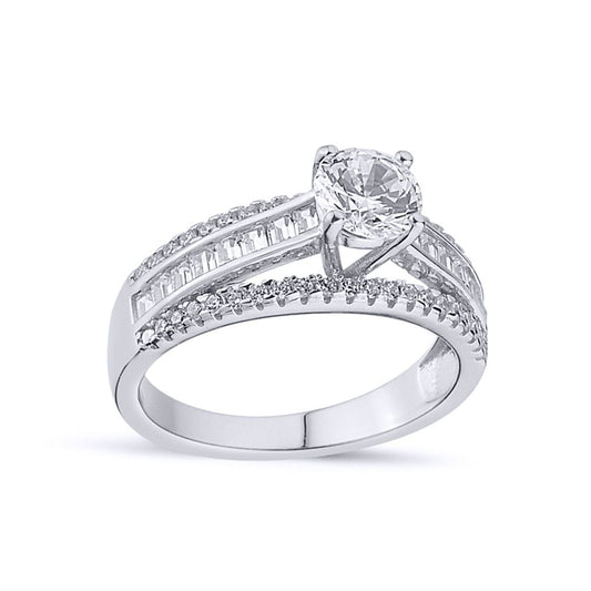 Silver CZ 3 Row V Gallery Solitaire Engagement Ring - GVR821