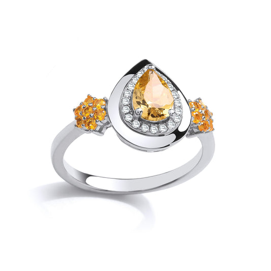Silver Golden Yellow Pear CZ Tears of Joy Halo Dress Ring - GVR836