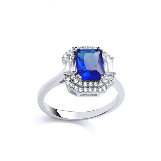 Silver Blue Radiant CZ Octagon 3 Tier Cluster Cocktail Ring - GVR839SAP