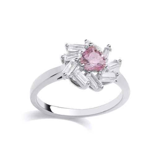 Silver Pink Baguette CZ Sunburst Love Heart Cluster Ring - GVR840