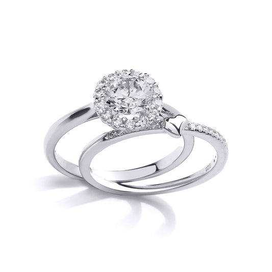Silver CZ Halo Love Heart Solitaire Wedfit Bridal Rings Set - GVR843