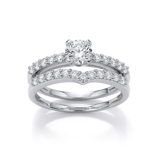 Silver CZ Solitaire Wishbone Eternity Bridal Rings Set - GVR849