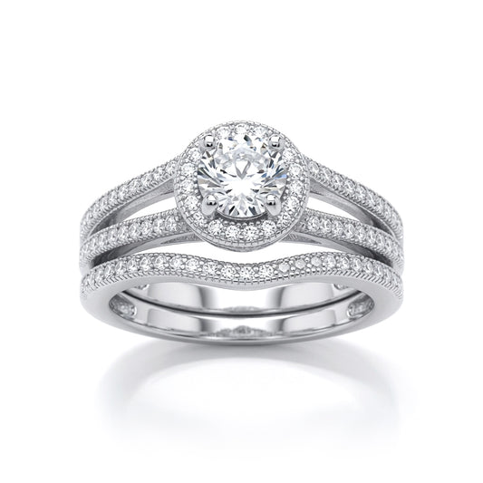 Silver CZ Solitaire Eternity Curve Shaped Fit Bridal Rings Set - GVR850