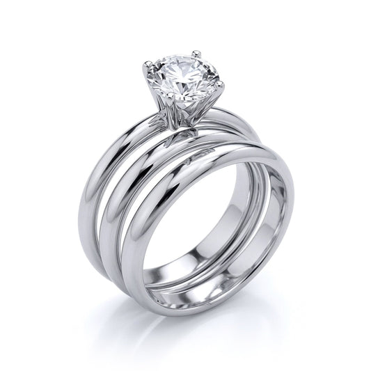 Silver CZ Solitaire Triple Band Bridal Rings Set - GVR852