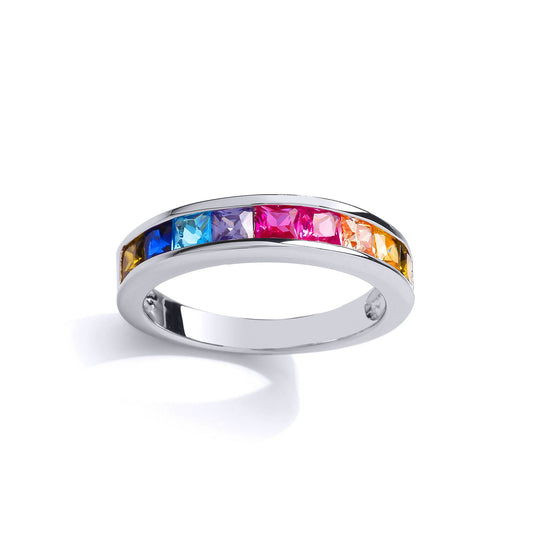 Unisex Silver Multi Colour Princess CZ Rainbow Half Eternity Ring - GVR857