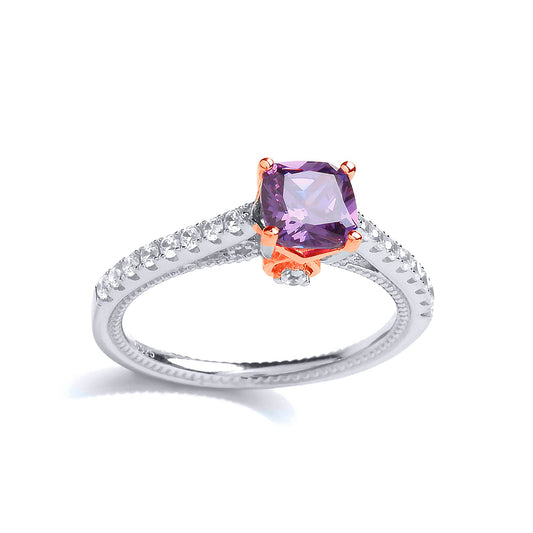 Rose Silver Purple Cushion CZ Majestic Solitaire Dress Ring - GVR859
