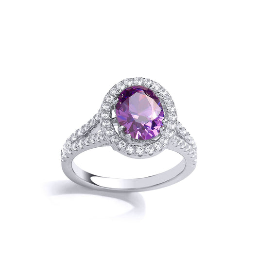 Silver Lilac Oval CZ Split Shoulder Oval Halo Dress Ring - GVR861