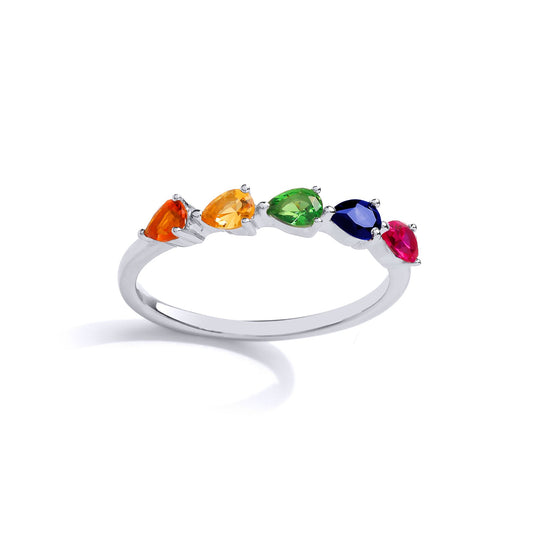 Silver Multi Colour Pear CZ Rainbow Tropical Half Eternity Ring - GVR867