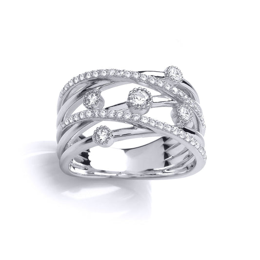 Silver CZ Crossover Dancing Rain Bubbles Pentalogy Dress Ring - GVR871