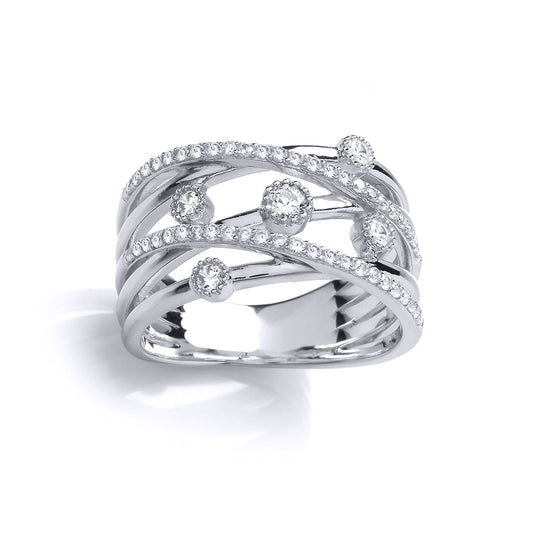 Silver CZ Crossover Dancing Rain Bubbles Pentalogy Dress Ring - GVR871