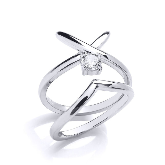 Silver CZ Solitaire Crossover Kiss Wishbone Bridal Rings Set - GVR874