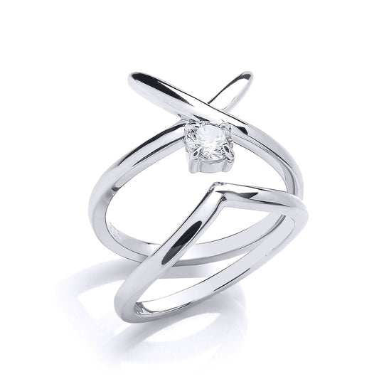 Silver CZ Solitaire Crossover Kiss Wishbone Bridal Rings Set - GVR874