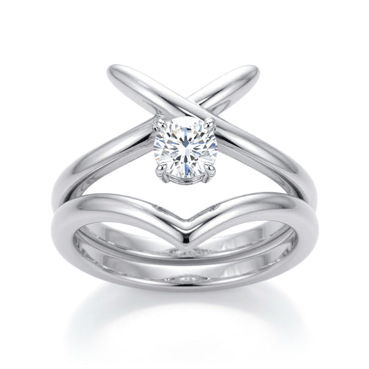 Silver CZ Solitaire Crossover Kiss Wishbone Bridal Rings Set - GVR874