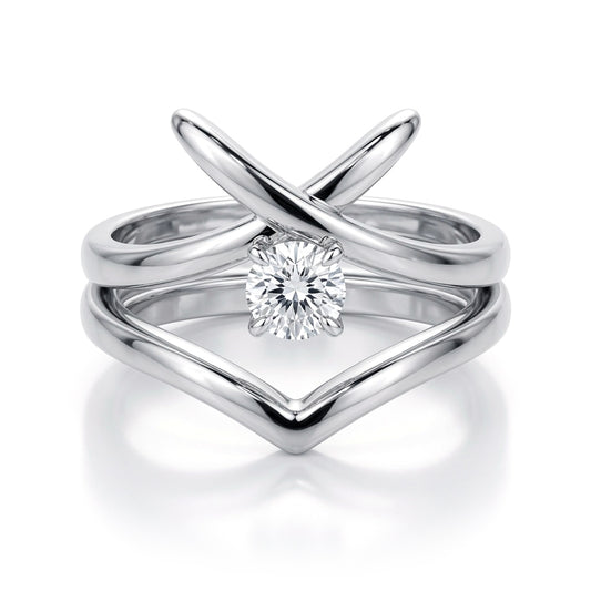 Silver CZ Solitaire Crossover Kiss Wishbone Bridal Rings Set - GVR874