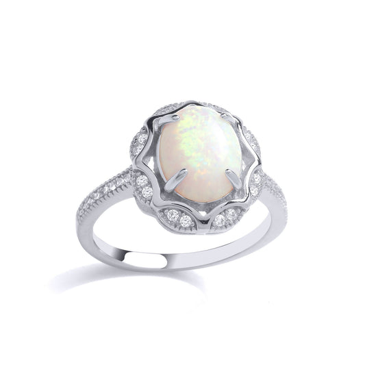 Silver Rainbow Oval Opal CZ Scallop Edge Predator Cocktail Ring - GVR883