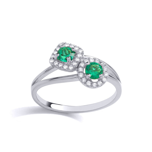 Silver Green Cushion CZ Split Shank Double Duology Bypass Ring - GVR887
