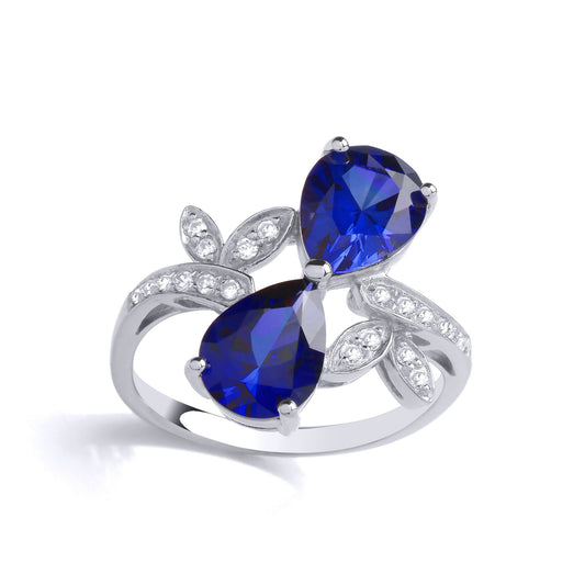 Silver Blue Pear CZ Olive Leaf Branch Duology Bow Toi et Moi Ring - GVR890