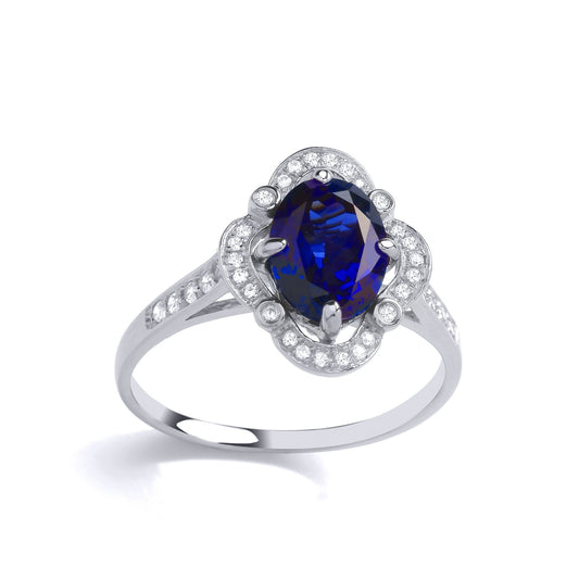 Silver Blue Oval CZ Shoulder Set Clover Halo Cocktail Ring - GVR894