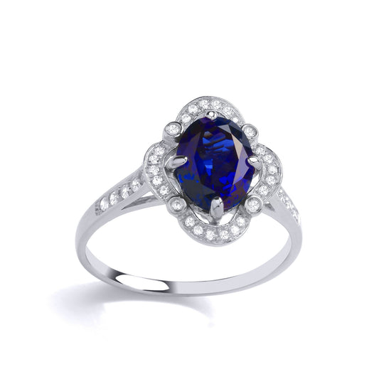 Silver Blue Oval CZ Shoulder Set Clover Halo Cocktail Ring - GVR894