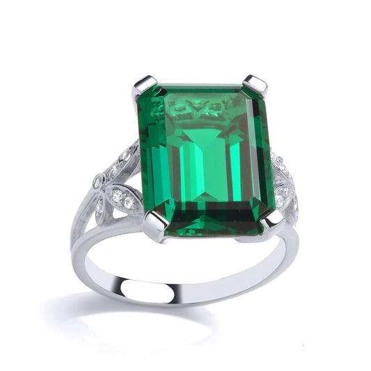 Silver Green Emerald CZ Split Shank Leaf Solitaire Cocktail Ring - GVR895
