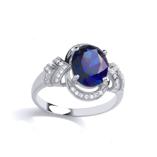 Silver Blue Oval CZ Wishbone Crescent Moon Cocktail Ring - GVR898