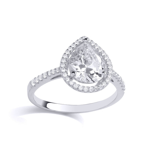 925 Silver Pear CZ Tear Droplet Halo Solitaire Engagement Ring - GVR901