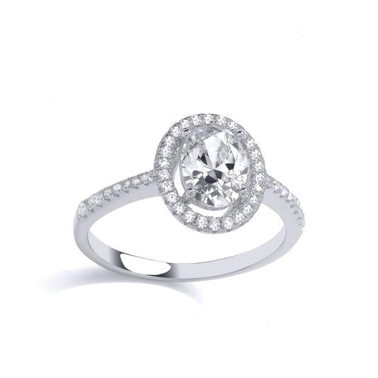 Silver Oval CZ Shoulder Set Oval Halo Solitaire Engagement Ring - GVR907