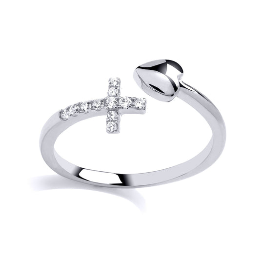 925 Sterling Silver CZ Disconnected Cross Love Heart Purity Ring - GVR912