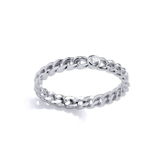 925 Sterling Silver CZ Curb Link Chain Solitaire Stacker Ring - GVR913