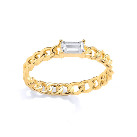 925 Silver Baguette CZ Curb Link Chain Solitaire Stacker Ring - GVR914