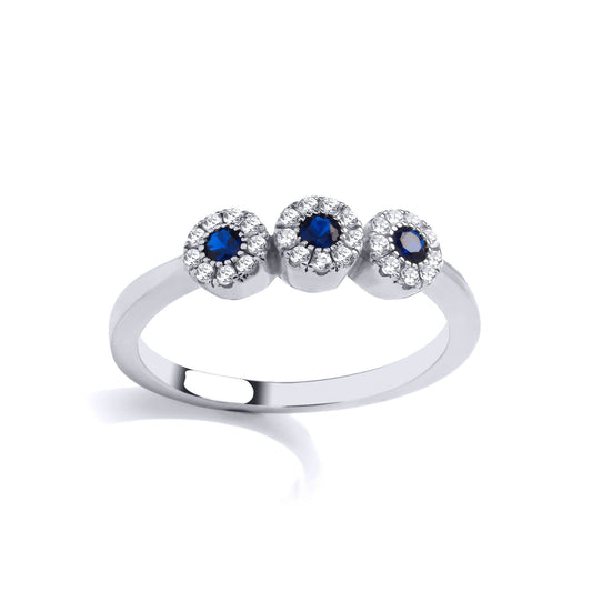 925 Sterling Silver Blue CZ Trilogy Halo Cluster Stacker Ring - GVR915