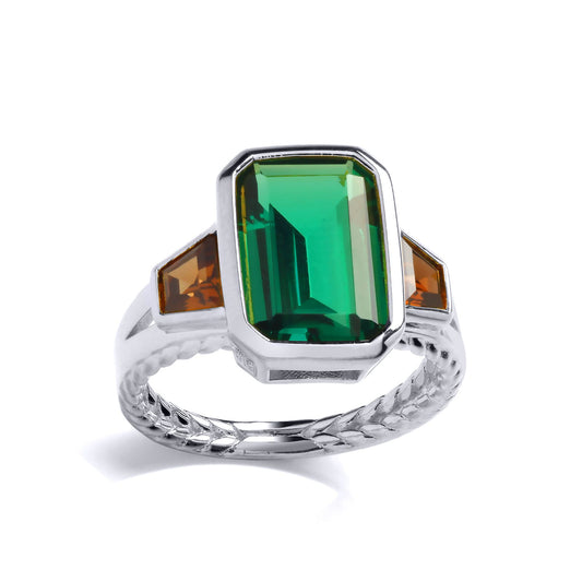 Silver Green Brown Emerald Trapezoid CZ Rope Edge Art Deco Ring - GVR917