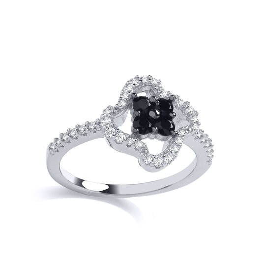 Sterling Silver Black CZ Shoulder Set 4 Leaf Clover Cocktail Ring - GVR918