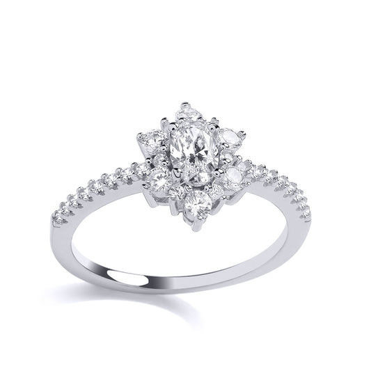 925 Silver Oval CZ Shoulder Set Flower Cluster Engagement Ring - GVR919