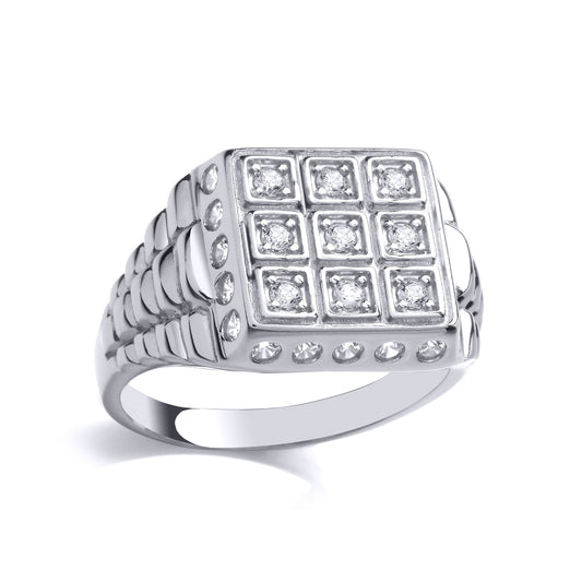 Mens Silver CZ Presidential Tic-Tac-Toe Watch Signet Ring - GVR921