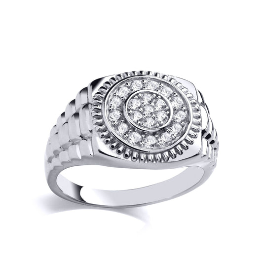 Mens Silver CZ Presidential Circle Halo Dial Watch Signet Ring - GVR923