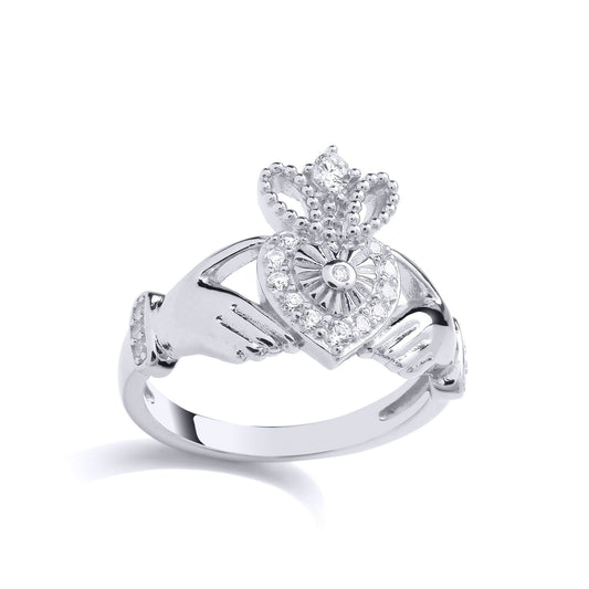 Sterling Silver CZ Fluted Sunburst Love Heart Crown Claddagh Ring - GVR926
