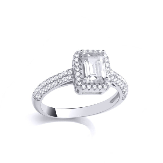 Silver Emerald CZ Shoulder Set Rectangular Halo Engagement Ring - GVR929