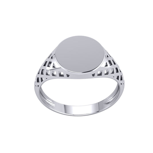 Mens Platinum Plated 925 Silver Basket Weave Round Signet Ring - GVR941