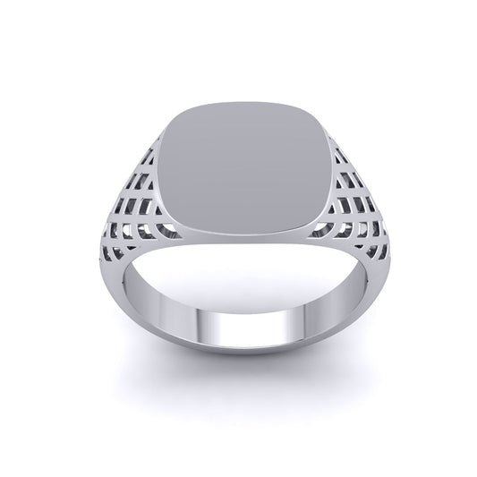 Mens Silver Basket Weave Square Cushion Signet Ring - GVR942