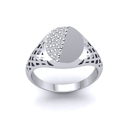 Mens Silver CZ Basket Weave Semi Pave Encrusted Round Signet Ring - GVR943