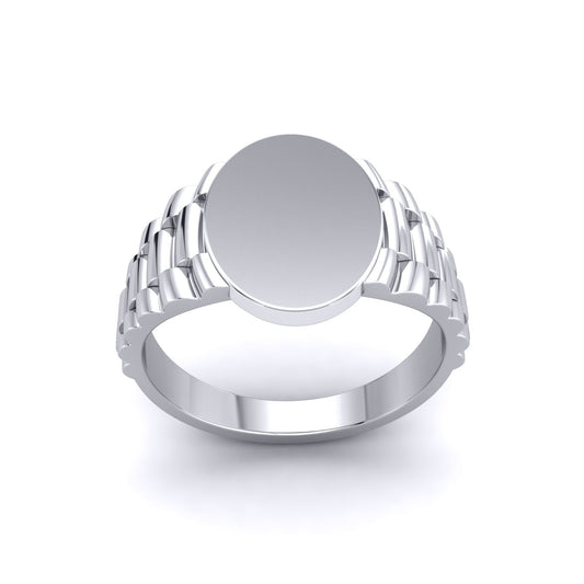 Mens Silver Presidential Link Watch Strap Oval Signet Ring - GVR945