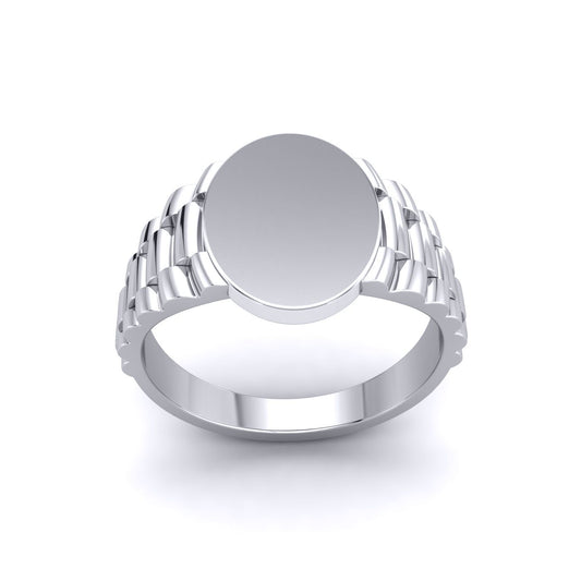Mens Silver Presidential Link Watch Strap Oval Signet Ring - GVR945