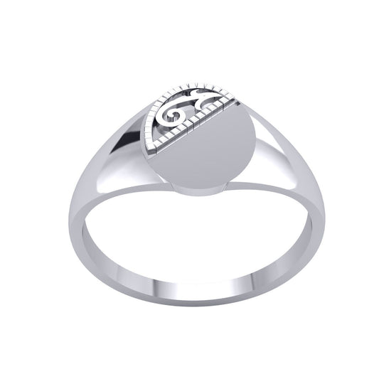 Mens Platinum Plated Silver Domed Semi Engraved Oval Signet Ring - GVR947
