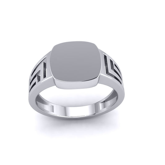 Mens Platinum Plated Silver Greek Key Square Cushion Signet Ring - GVR951