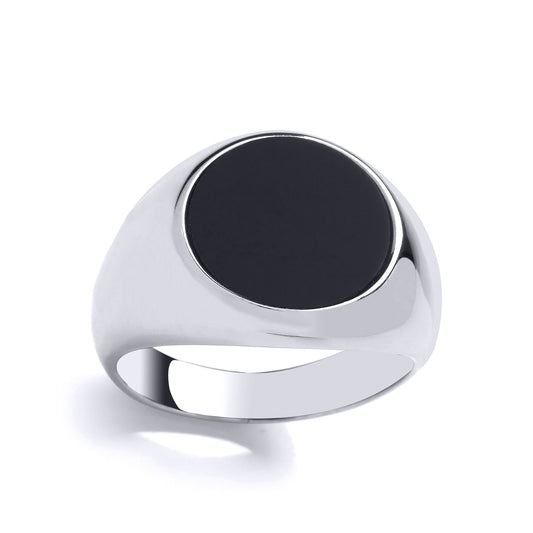 Mens 925 Silver Black Onyx Domed Sides Flat Round Top Signet Ring - GVR953