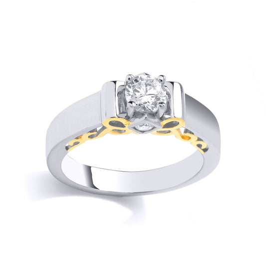 Gilded Silver CZ Ribbon Scroll Collared Flat Band Solitaire Ring - GVR968